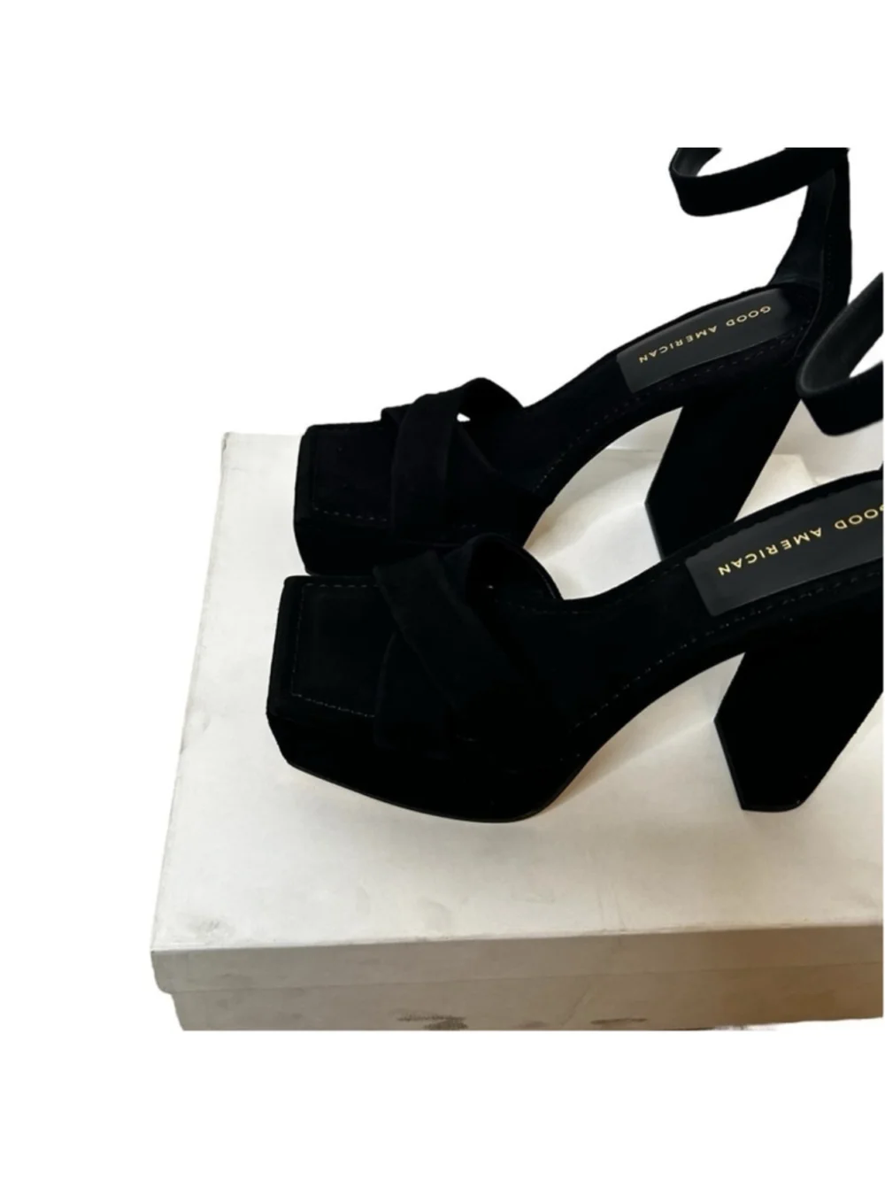 Good American Black Suede Ankle Strap Chunky Platform Sandal Heels Size 9